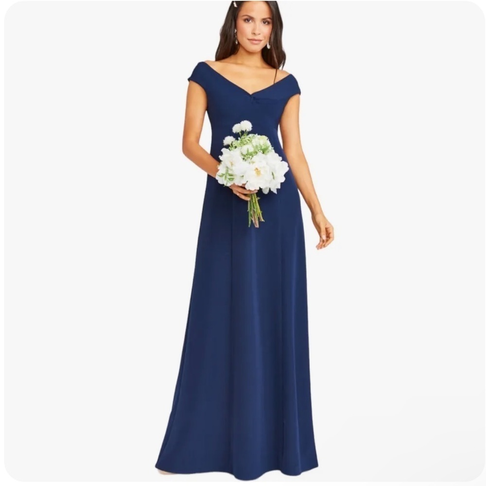 NEW Show Me Your Mumu Zurich Knot Gown Navy Stretch Crepe Formfitting V-neck XS